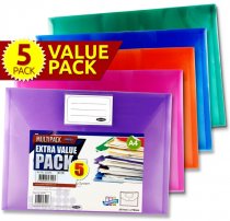 PREMIER OFFICE PKT.5 A4 MY CLEAR BAG BUTTON WALLETS - COLOURED