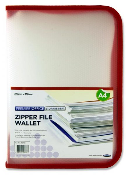 PREMIER OFFICE A4 CLEAR COVER ZIPPER FILE WALLET BOLD 3 ASST.