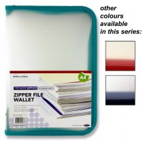 PREMIER OFFICE A4 CLEAR COVER ZIPPER FILE WALLET BOLD 3 ASST.