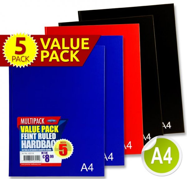 PREMIER PKT.5 A4 160pg HARDCOVER NOTEBOOK 3 ASST BOLD