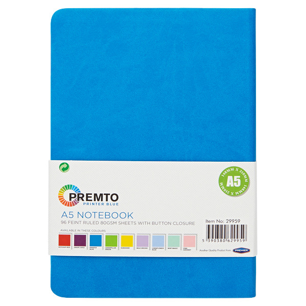 PREMTO A5 192pg HARDCOVER PU NOTEBOOK W/ELASTIC - PRINTER BLUE