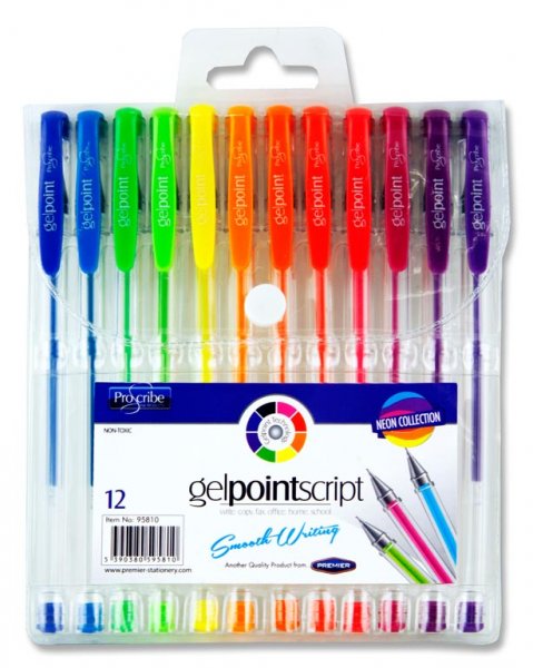 PRO:SCRIBE PKT.12 GELPOINT SCRIPT GEL PENS - NEON COLLECTION