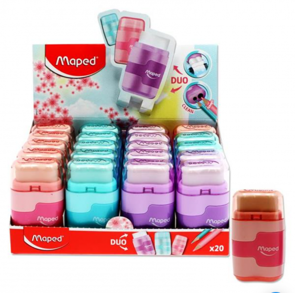Maped Duo Twin Hole Sharpener/eraser - Pastel 3 Asst Cdu