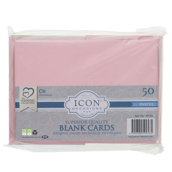 Icon Occasions Pkt.50 C6 250gsm Cards & Envelopes - 5 Pastel colours