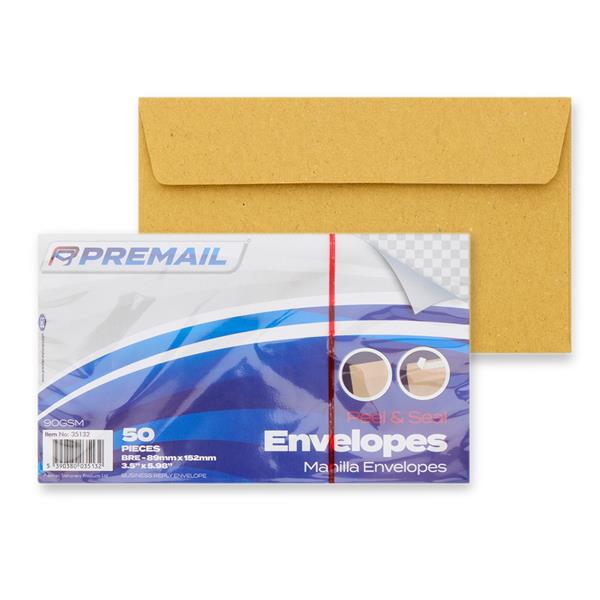 Premail Pkt.50 Bre Peel & Seal Envelopes - Manilla