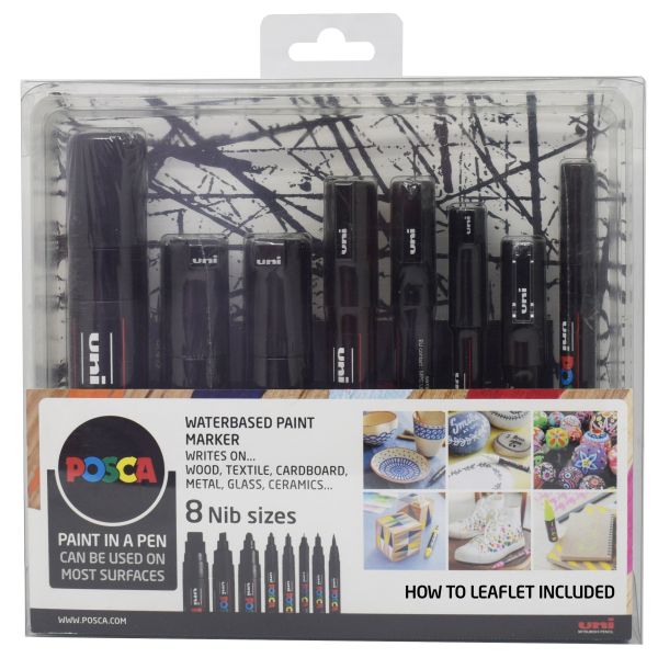 POSCA COLLECTION 8pc BLACK ASSORTED NIB SIZES