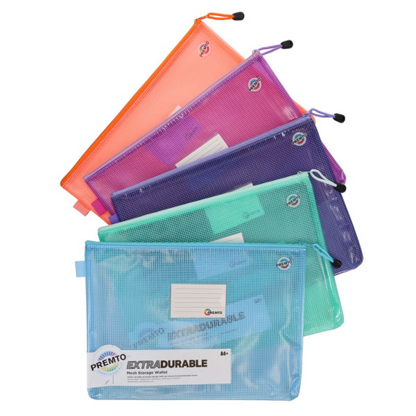 Premto Pastel A4+ Extra Durable Mesh Storage Wallet - 5 Asst