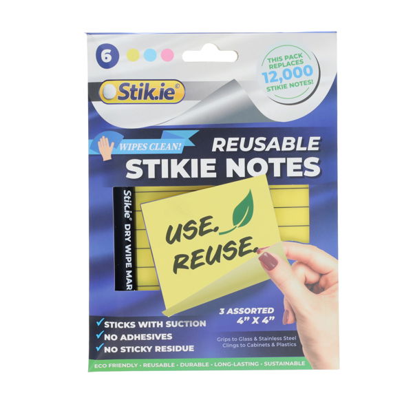 Stik.ie Pkt.6 Reusable Stikie Notes 4"x4" - 3 Asst