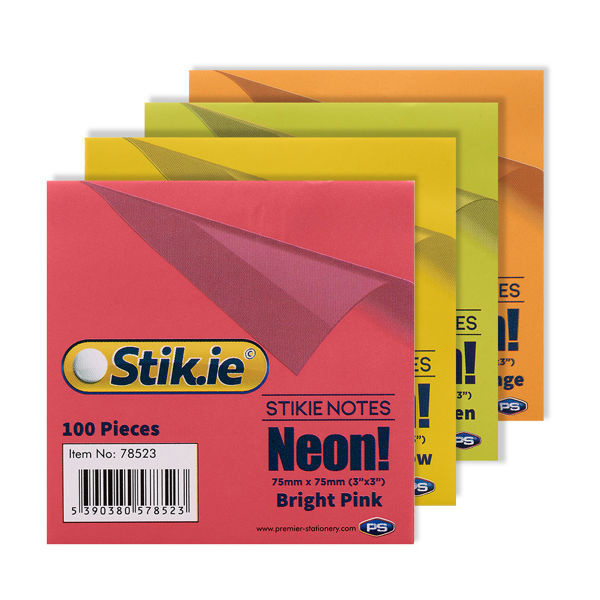 Stik.ie Stik.ie 75mm x 75mm Neon Sticky Notes - 4 Asst