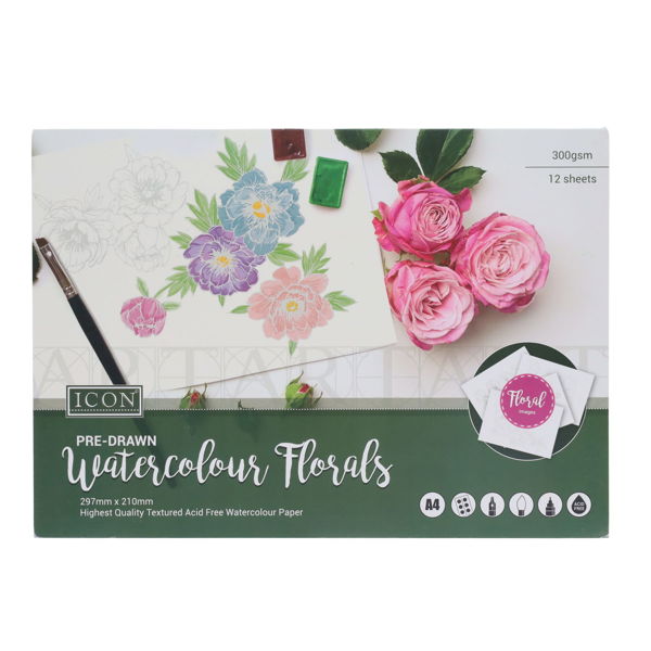 Icon A4 12 Sheets 300gsm Pre-Drawn Watercolour Paper Pad - Florals