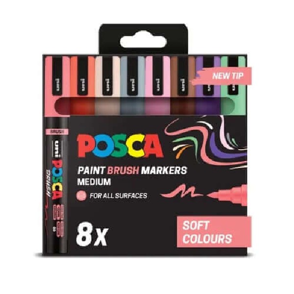 POSCA PC-5MBR Medium Paint Brush Markers Soft Colours - Pack of 8 - NEW TIP