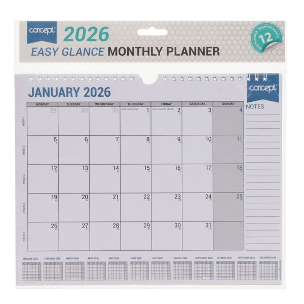 Concept A4 2026 Easy Glance Monthly Planner