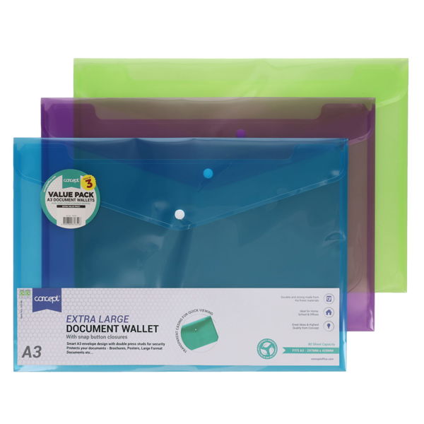Concept Pkt.3 A3 Button Document Wallets - Asst